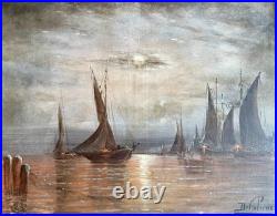 Ancien tableau XIX marine mer bateau clair de lune orientaliste Venise peinture