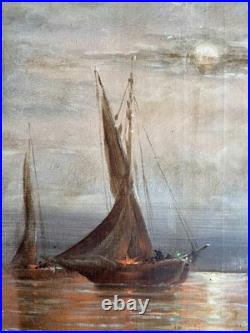 Ancien tableau XIX marine mer bateau clair de lune orientaliste Venise peinture