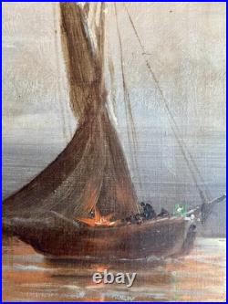 Ancien tableau XIX marine mer bateau clair de lune orientaliste Venise peinture