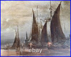 Ancien tableau XIX marine mer bateau clair de lune orientaliste Venise peinture