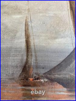Ancien tableau XIX marine mer bateau clair de lune orientaliste Venise peinture