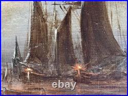 Ancien tableau XIX marine mer bateau clair de lune orientaliste Venise peinture
