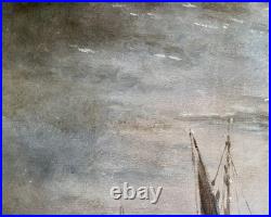 Ancien tableau XIX marine mer bateau clair de lune orientaliste Venise peinture