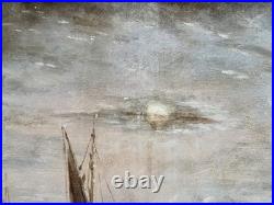 Ancien tableau XIX marine mer bateau clair de lune orientaliste Venise peinture