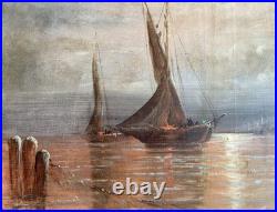 Ancien tableau XIX marine mer bateau clair de lune orientaliste Venise peinture