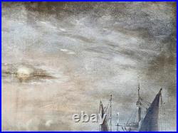 Ancien tableau XIX marine mer bateau clair de lune orientaliste Venise peinture