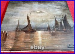 Ancien tableau XIX marine mer bateau clair de lune orientaliste Venise peinture