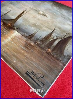 Ancien tableau XIX marine mer bateau clair de lune orientaliste Venise peinture