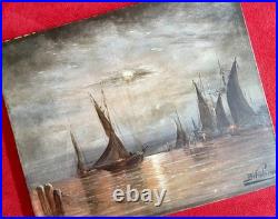 Ancien tableau XIX marine mer bateau clair de lune orientaliste Venise peinture
