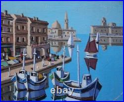 Ancien tableau XX huile port bateaux naif fauvisme attribué à Cagninacci Corse