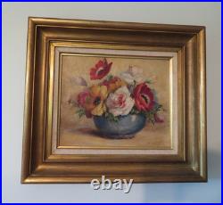 Ancien tableau bouquet d'anémone et de rose peinture sur toile signé