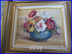 Ancien tableau bouquet d'anémone et de rose peinture sur toile signé