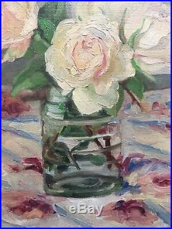 Ancien tableau début XXe Roses vase Bouquet de fleurs Huile sur toile signée