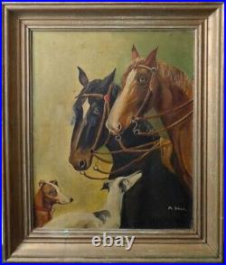 Ancien tableau huile Art Deco chevaux chiens courses lévriers signé Dlg Danchin