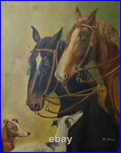 Ancien tableau huile Art Deco chevaux chiens courses lévriers signé Dlg Danchin