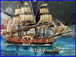 Ancien tableau huile paysage marine port voiliers bateaux portraits réalisme