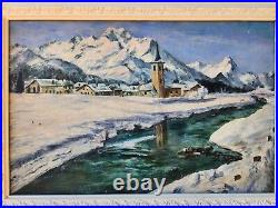 Ancien tableau huile sur toile paysage de neige