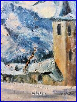 Ancien tableau huile sur toile paysage de neige