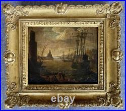 Ancien tableau marine XVIII 17 18 mer port bateau paysage peinture antique cadre