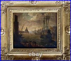 Ancien tableau marine XVIII 17 18 mer port bateau paysage peinture antique cadre