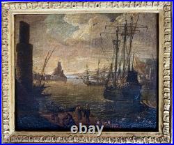 Ancien tableau marine XVIII 17 18 mer port bateau paysage peinture antique cadre
