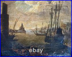 Ancien tableau marine XVIII 17 18 mer port bateau paysage peinture antique cadre