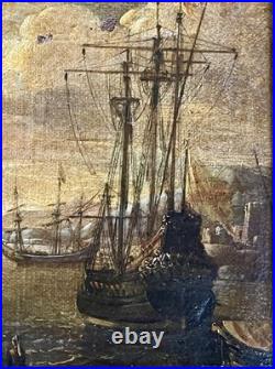 Ancien tableau marine XVIII 17 18 mer port bateau paysage peinture antique cadre