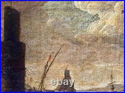 Ancien tableau marine XVIII 17 18 mer port bateau paysage peinture antique cadre