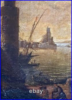 Ancien tableau marine XVIII 17 18 mer port bateau paysage peinture antique cadre