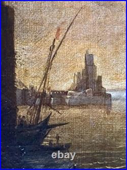 Ancien tableau marine XVIII 17 18 mer port bateau paysage peinture antique cadre