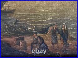 Ancien tableau marine XVIII 17 18 mer port bateau paysage peinture antique cadre