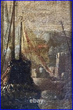 Ancien tableau marine XVIII 17 18 mer port bateau paysage peinture antique cadre