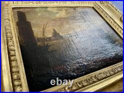 Ancien tableau marine XVIII 17 18 mer port bateau paysage peinture antique cadre