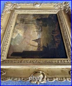 Ancien tableau marine XVIII 17 18 mer port bateau paysage peinture antique cadre