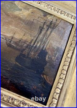 Ancien tableau marine XVIII 17 18 mer port bateau paysage peinture antique cadre