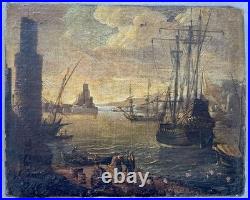 Ancien tableau marine XVIII 17 18 mer port bateau paysage peinture antique cadre