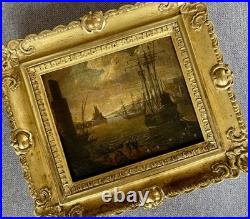 Ancien tableau marine XVIII 17 18 mer port bateau paysage peinture antique cadre