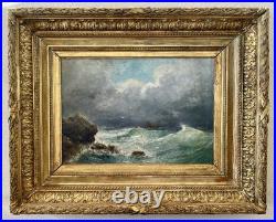 Ancien tableau marine mer XIX 19 bateau tempête paysage marin peinture hst cadre