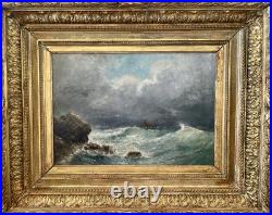 Ancien tableau marine mer XIX 19 bateau tempête paysage marin peinture hst cadre