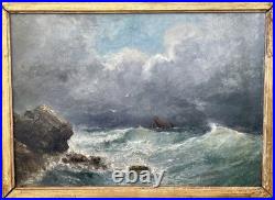 Ancien tableau marine mer XIX 19 bateau tempête paysage marin peinture hst cadre