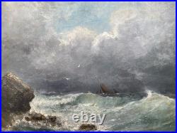 Ancien tableau marine mer XIX 19 bateau tempête paysage marin peinture hst cadre