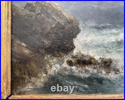 Ancien tableau marine mer XIX 19 bateau tempête paysage marin peinture hst cadre