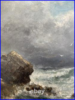 Ancien tableau marine mer XIX 19 bateau tempête paysage marin peinture hst cadre