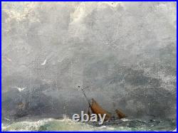Ancien tableau marine mer XIX 19 bateau tempête paysage marin peinture hst cadre