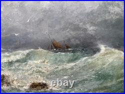 Ancien tableau marine mer XIX 19 bateau tempête paysage marin peinture hst cadre