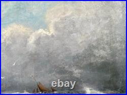 Ancien tableau marine mer XIX 19 bateau tempête paysage marin peinture hst cadre