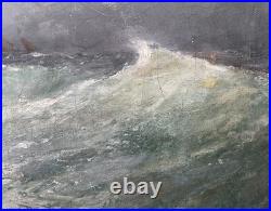 Ancien tableau marine mer XIX 19 bateau tempête paysage marin peinture hst cadre