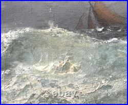 Ancien tableau marine mer XIX 19 bateau tempête paysage marin peinture hst cadre