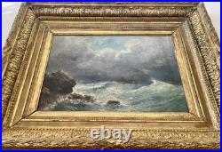 Ancien tableau marine mer XIX 19 bateau tempête paysage marin peinture hst cadre