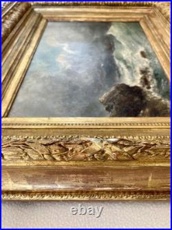 Ancien tableau marine mer XIX 19 bateau tempête paysage marin peinture hst cadre